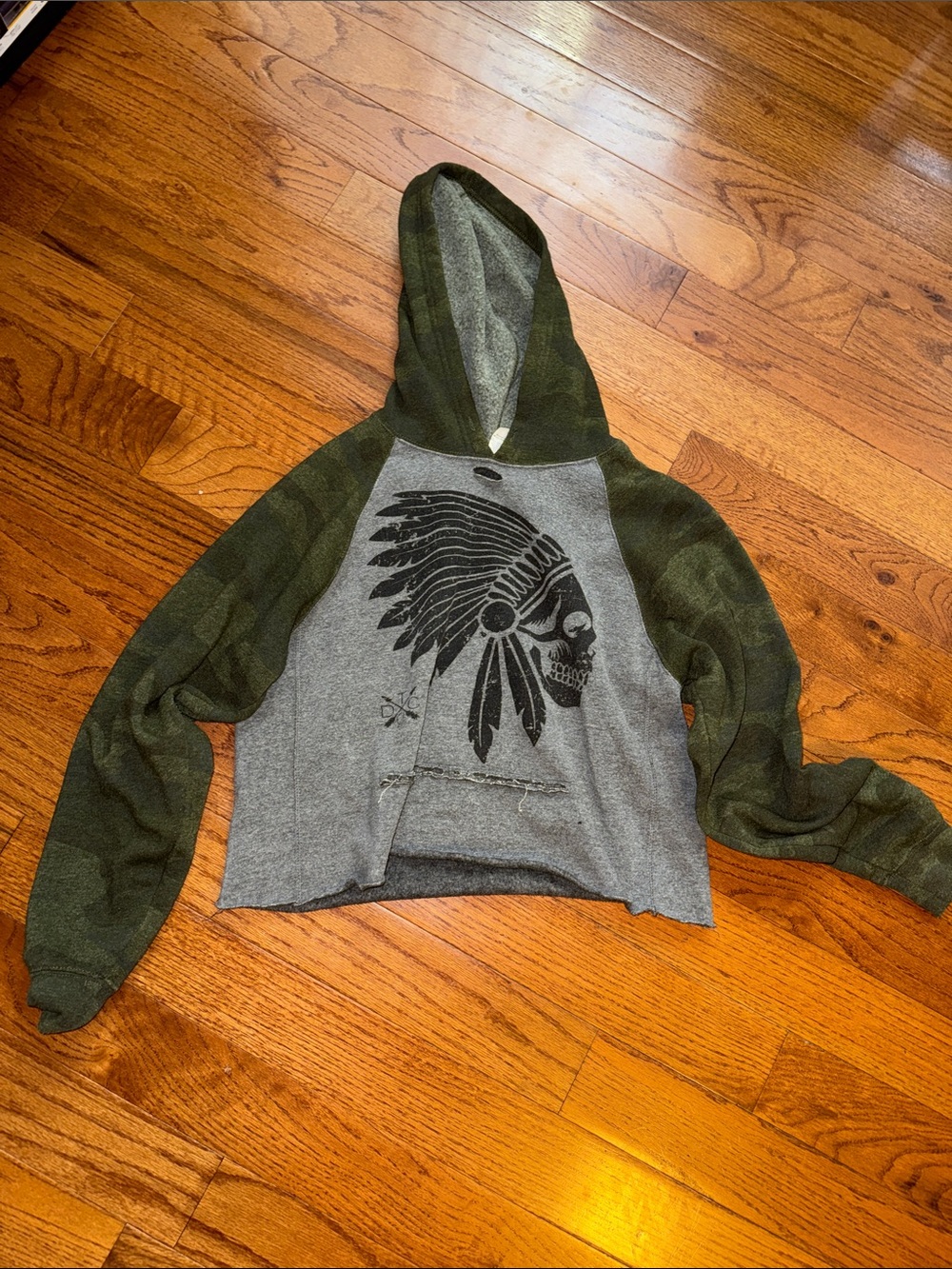 Women’s TDC  Hooded Raglan Sweater with Graphic Skull Headdress - Gray & Olive